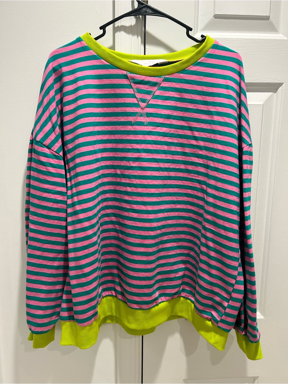 Women's Neon Lime Trim Striped Long-Sleeve Tee - Pink & Teal